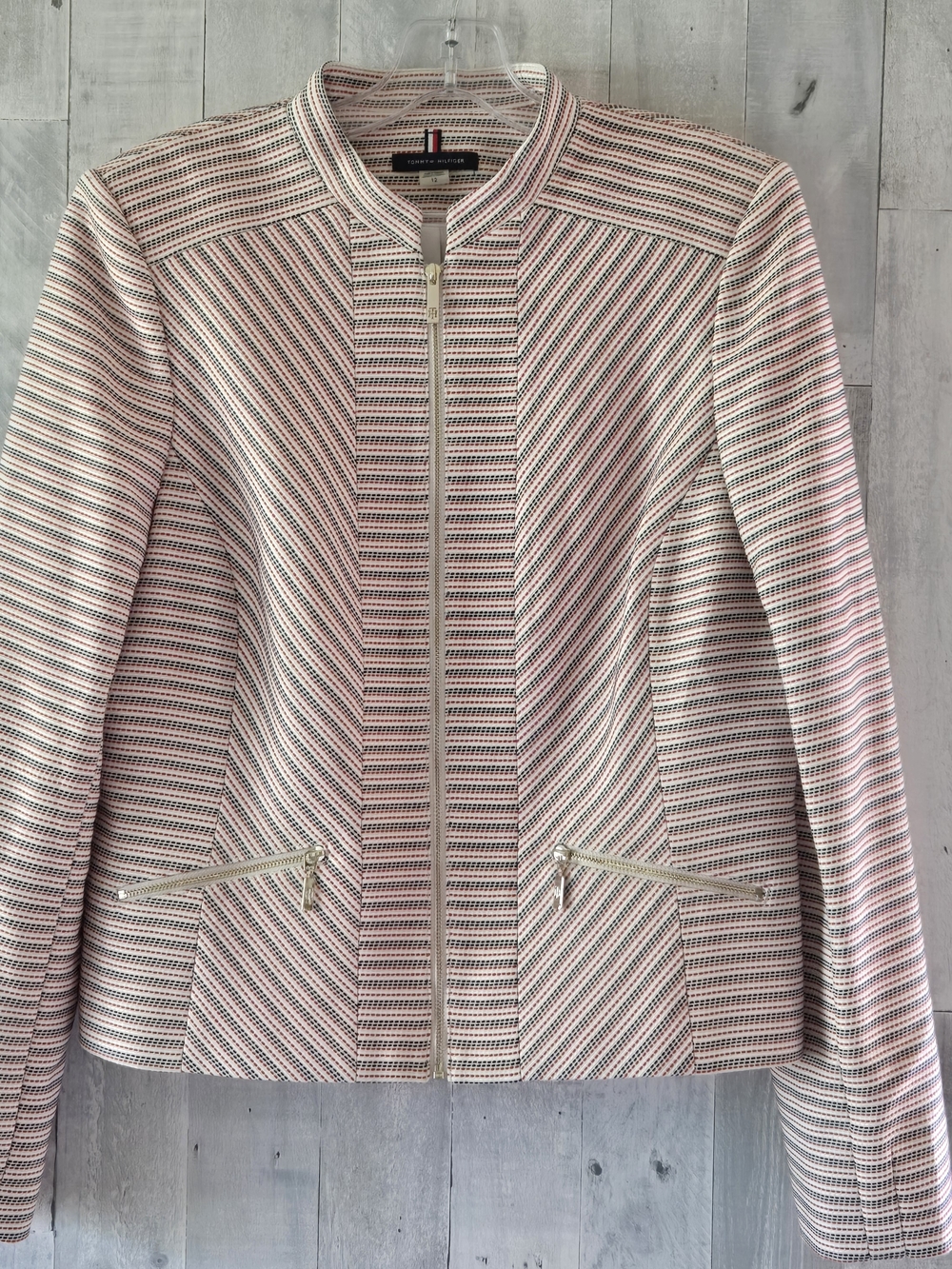 Tommy Hilfiger Red, White & Blue Threaded Striped Zip-Front Office Blazer